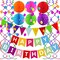 Happy Birthday Banner with Colorful Paper Flag Bunting, Paper Circle Confetti, Garland, Swirl Streamers, and Honeycomb Balls for Birthday Party Decorations